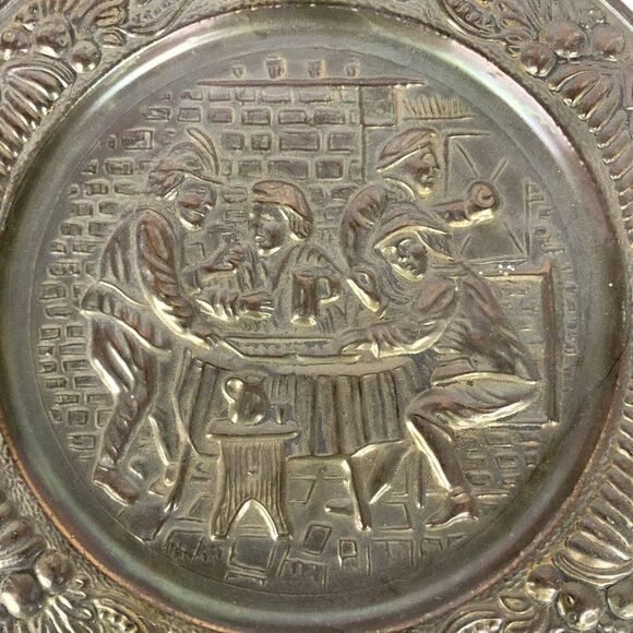 Elpec England Brass Chargers Plates Embossed Pub Tavern Scenes Vtg Wall Decor - Picture 7 of 13